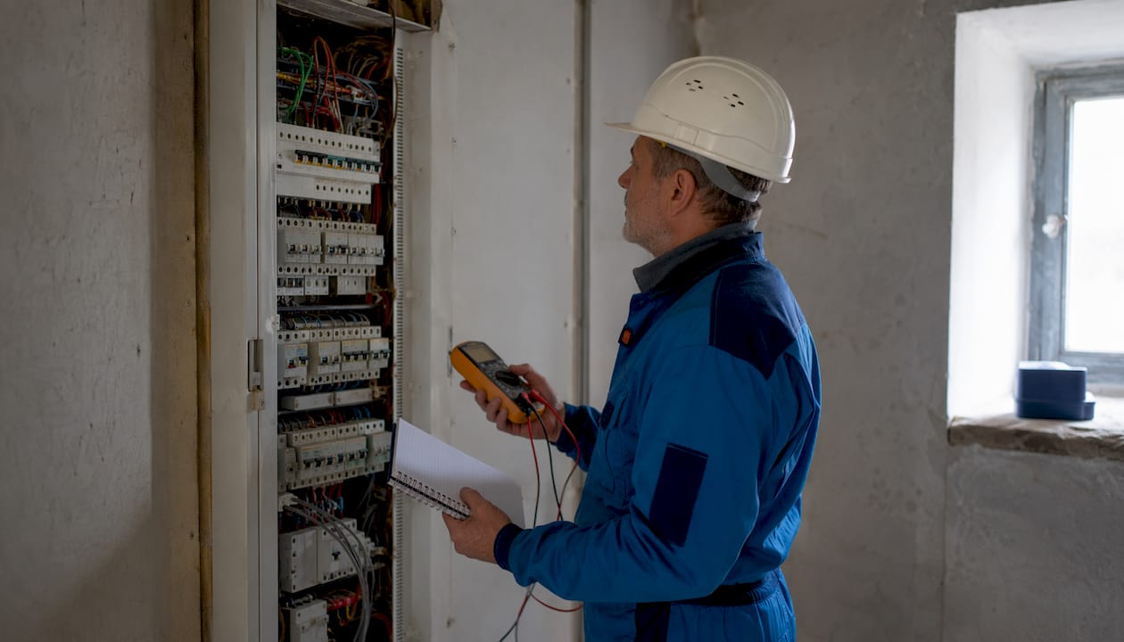 Un électricien en train de vérifier l'installation électrique d'un logement