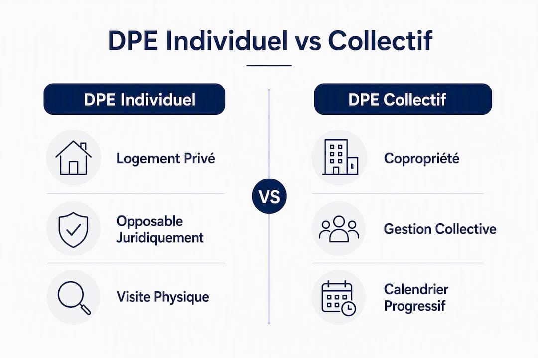Découvrez notre infographie exclusive qui met face à face le DPE individuel et le DPE collectif, pour tout comprendre des différences à l’horizon 2026.