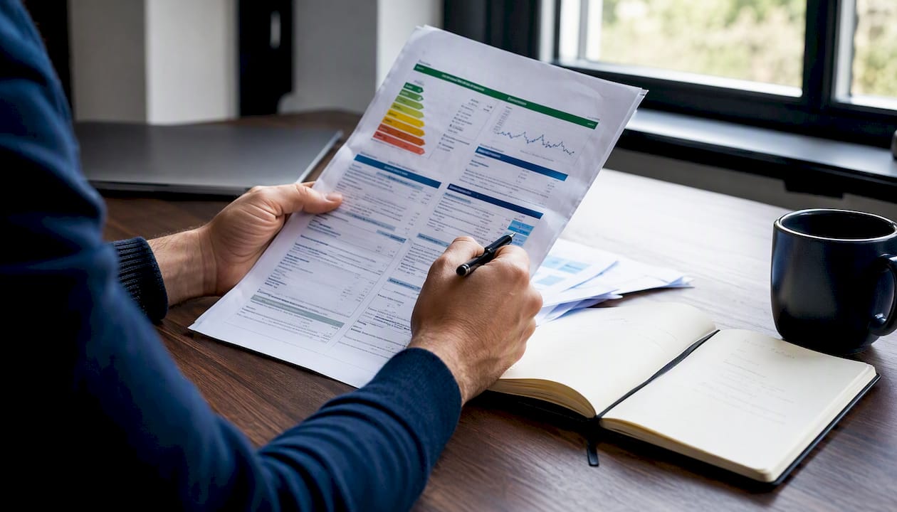 Des mains prenant des notes sur une fiche technique, une calculatrice à portée de main