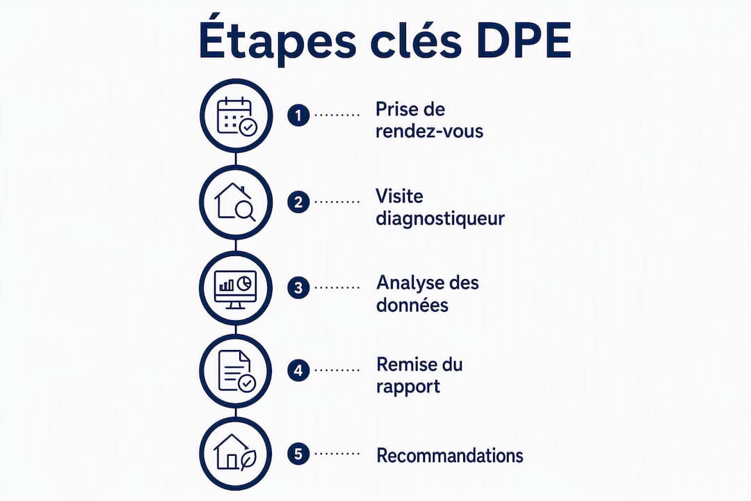 Présentation visuelle des grandes étapes du diagnostic de performance énergétique (DPE) sous forme d’infographie verticale