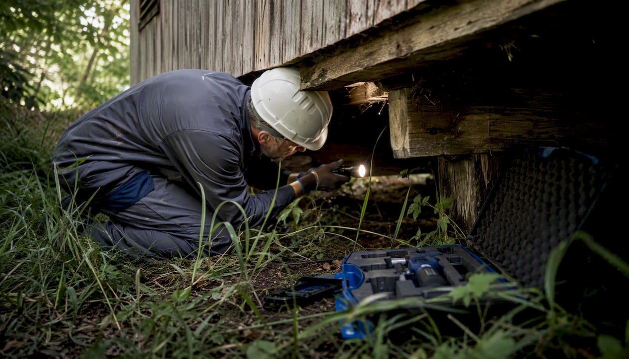 Un expert en lutte contre les termites effectue une inspection sous une maison en bois pour détecter toute présence d’insectes xylophages.