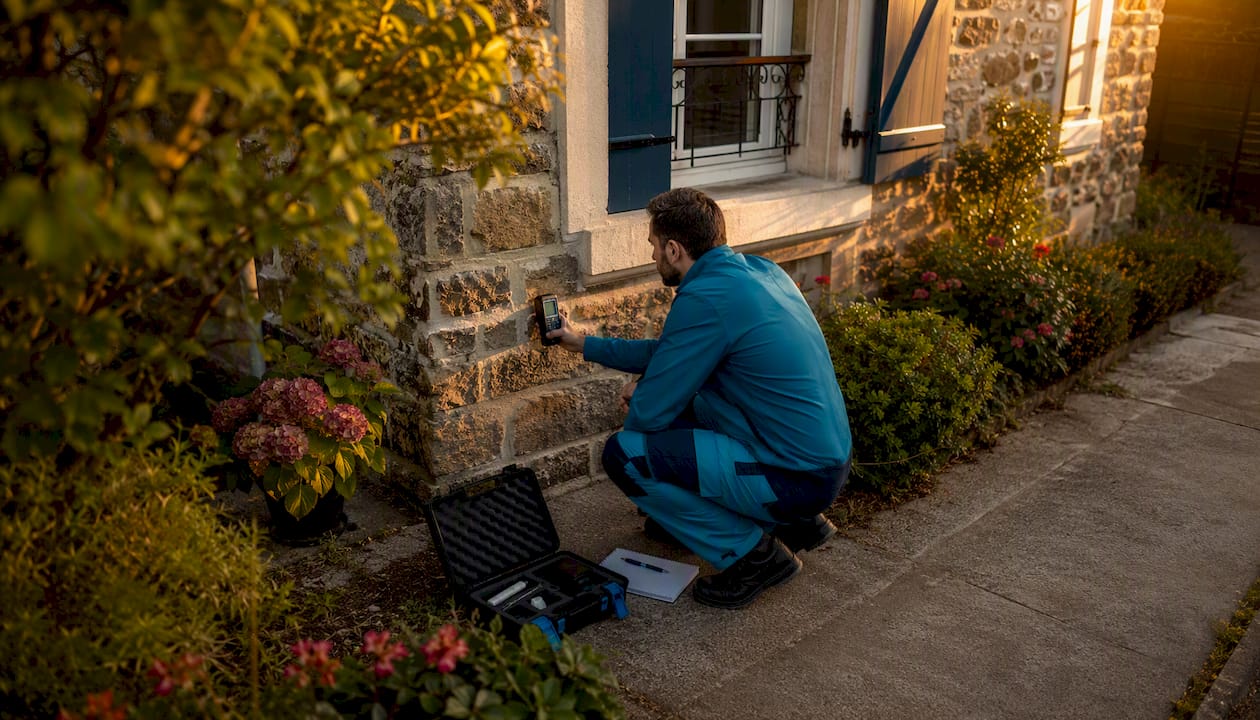 Un expert en diagnostics immobiliers examine l’état des murs d’un vieil appartement.