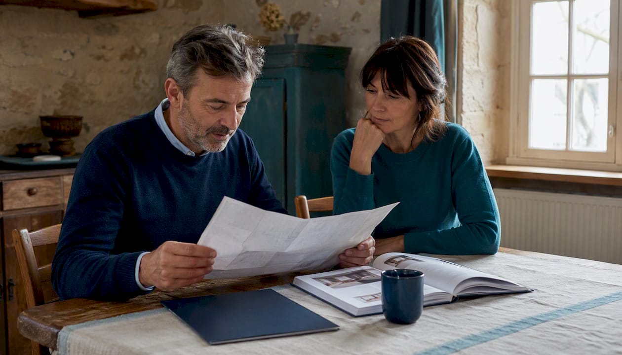 Un couple passe en revue les rapports d’expertise de leur future maison ancienne.