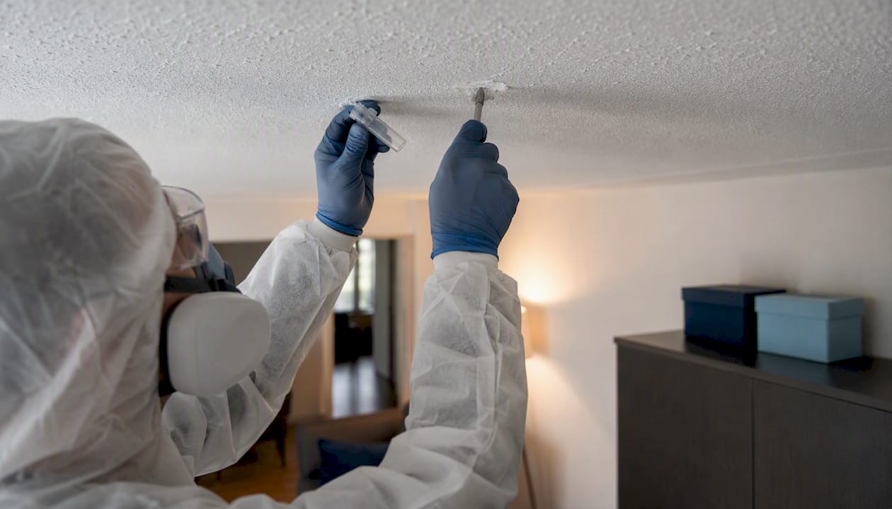 Un technicien prélève un échantillon d’amiante à l’intérieur d’un bâtiment.