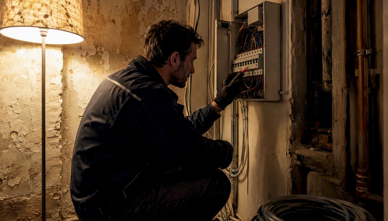 Un homme vérifie le bon fonctionnement d’un tableau électrique domestique.