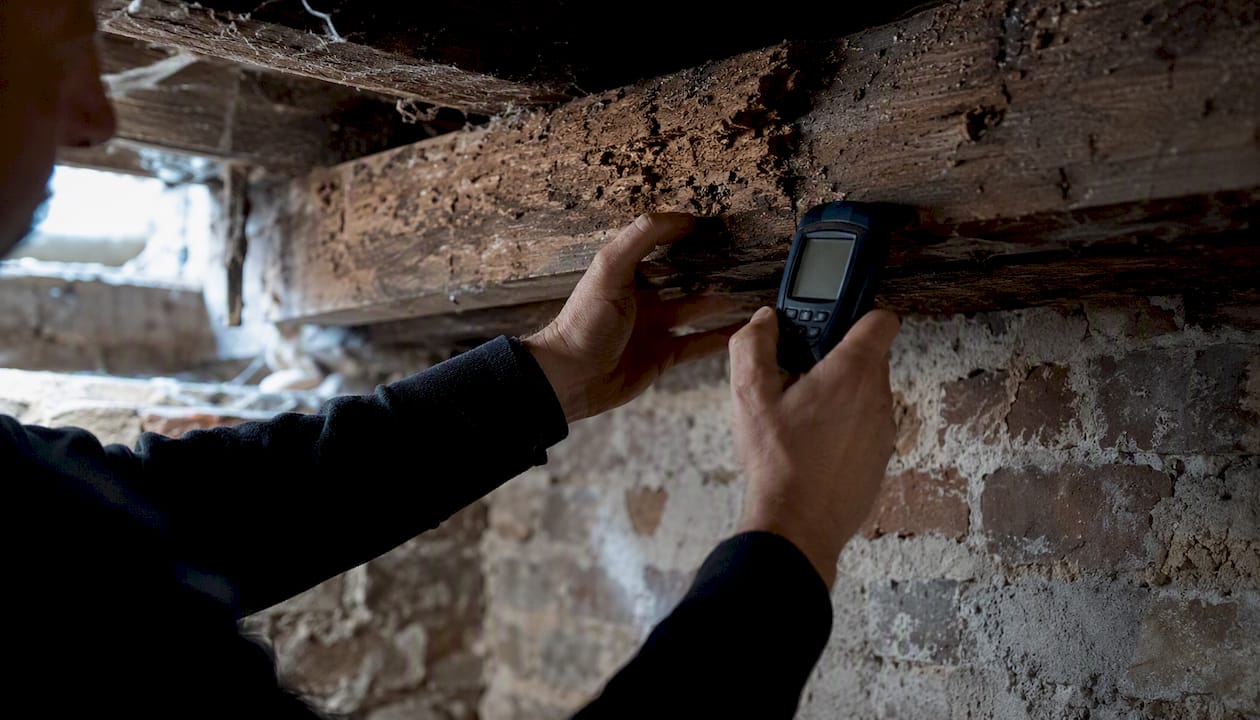 Un spécialiste procède à l’examen des dégâts causés par les termites dans la cave d’un appartement parisien.