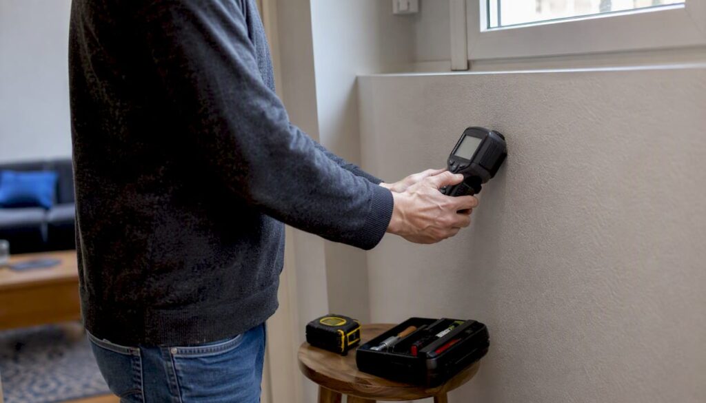 L’inspecteur utilise un appareil de diagnostic posé contre le mur.