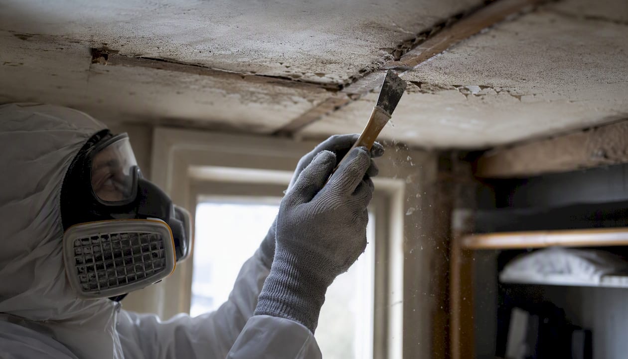 Un technicien procède à un prélèvement d’échantillons sur un matériau potentiellement amianté à l’intérieur d’un bâtiment.