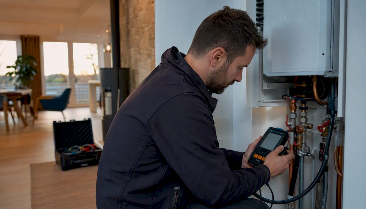 Après les travaux de rénovation, le diagnostiqueur procède au contrôle du système de chauffage pour s'assurer de son bon fonctionnement.