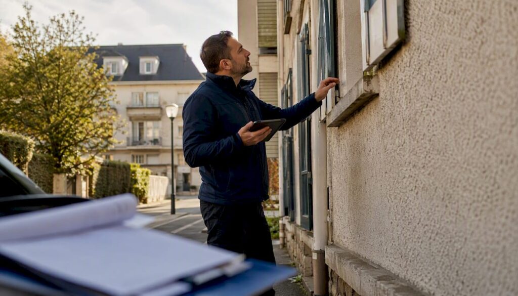 Un diagnostiqueur réalise une inspection de la façade d'une copropriété.