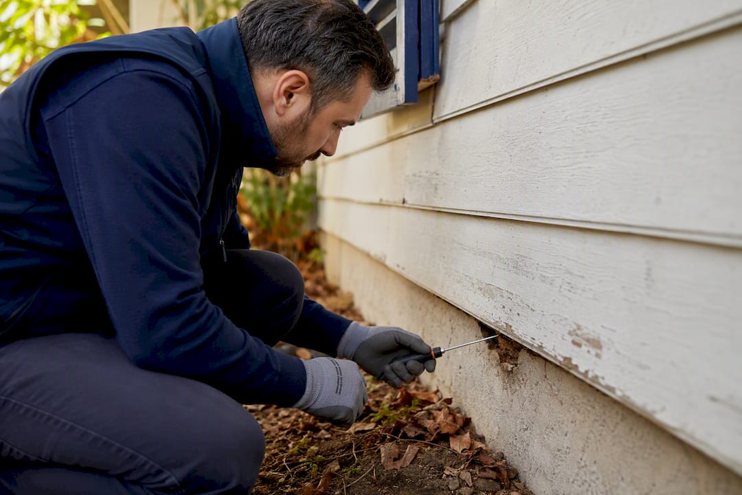 Des mains examinent des dégâts causés par des termites dans le bois d’une maison.