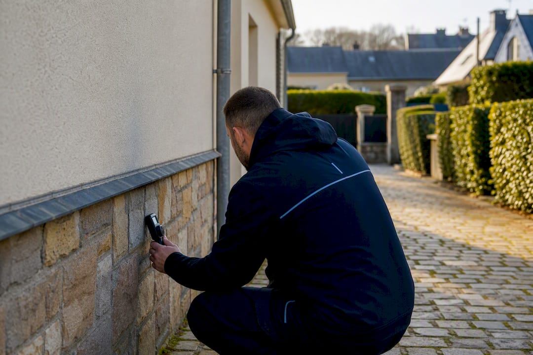 Un diagnostiqueur examine la façade d'une maison en Bretagne
