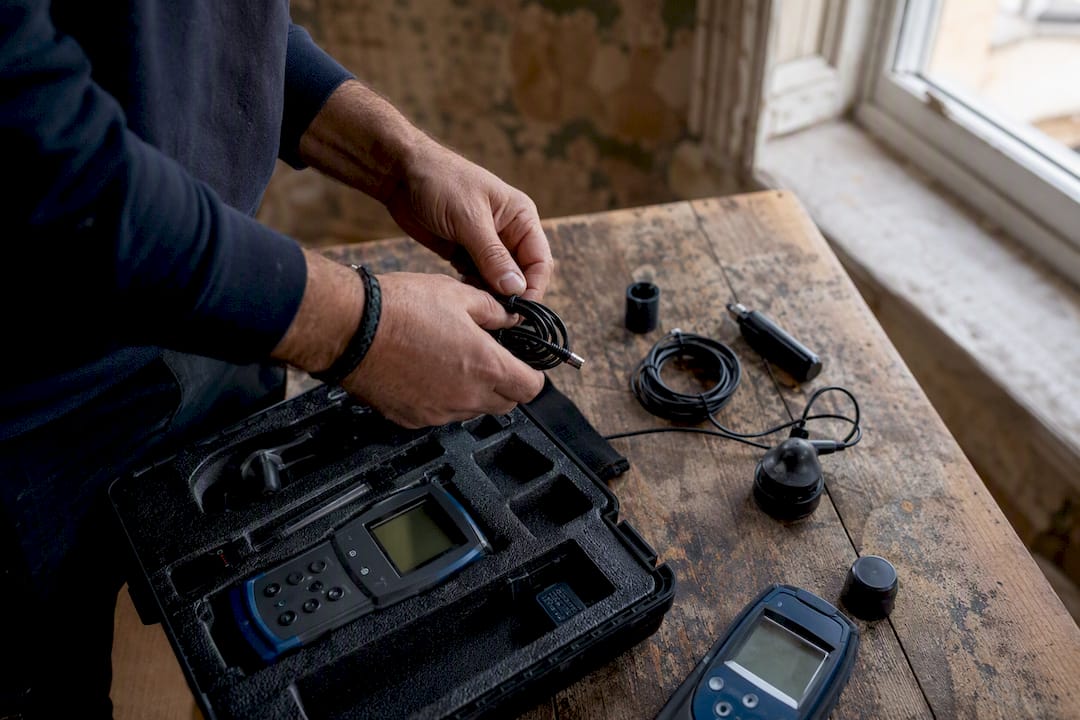 Des mains préparant des outils pour le diagnostic d'un bâtiment ancien
