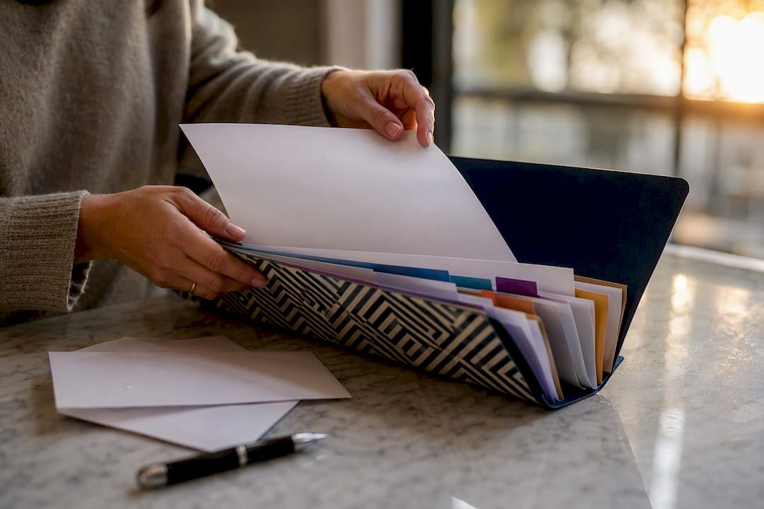 Mains rangeant des documents de diagnostic dans un dossier