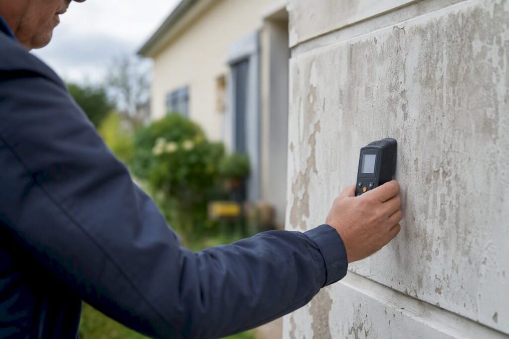 Diagnostiqueur inspectant la façade d'une maison avec un appareil de mesure