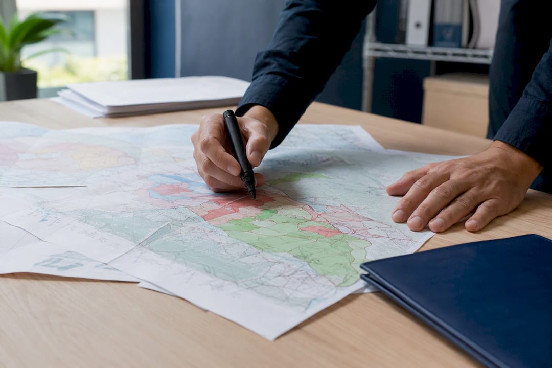 Mains vérifiant des cartes de risques géographiques sur un bureau
