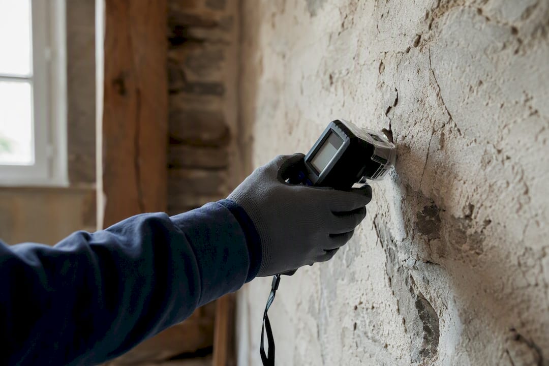 Main tenant un détecteur d'amiante sur un mur ancien