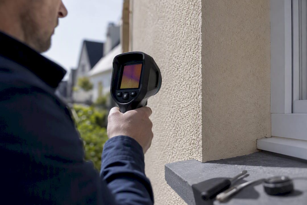 Technicien utilisant une caméra thermique sur la façade d'un bâtiment