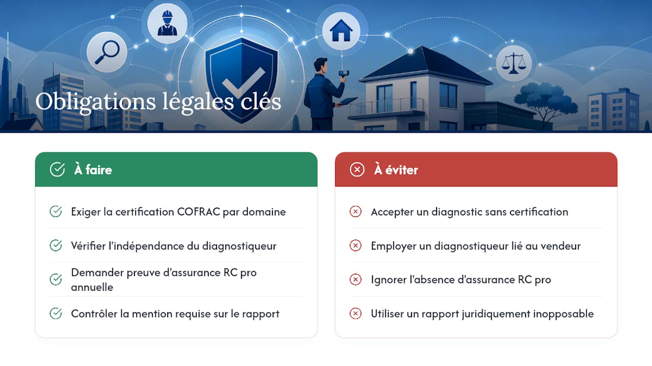Obligations légales et réglementaires liées à la certification COFRAC pour les diagnostiqueurs — overview diagram