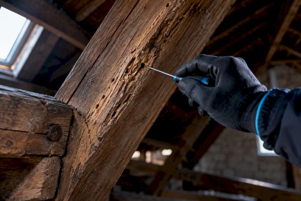 Examen minutieux d'une poutre en bois