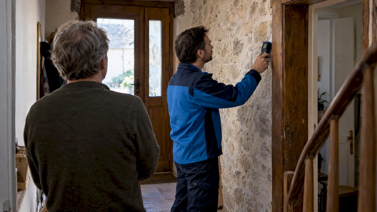 Expert en diagnostic immobilier examinant une maison ancienne