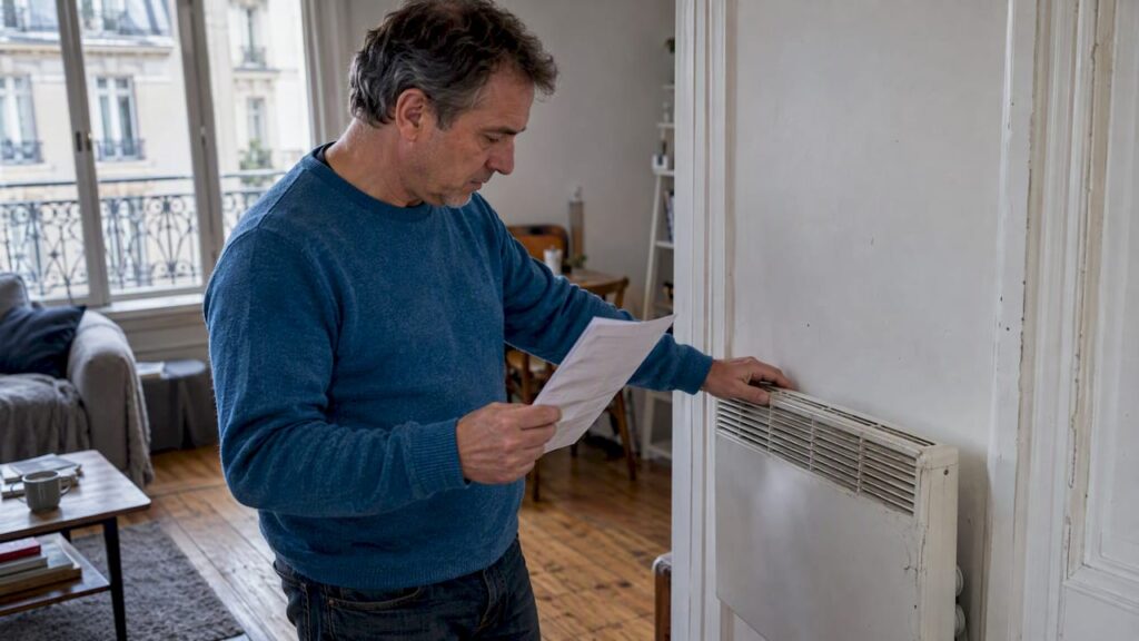 Propriétaire inspectant un convecteur dans un logement locatif