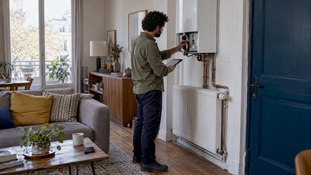 Expert en diagnostics vérifiant le système de chauffage d’un appartement
